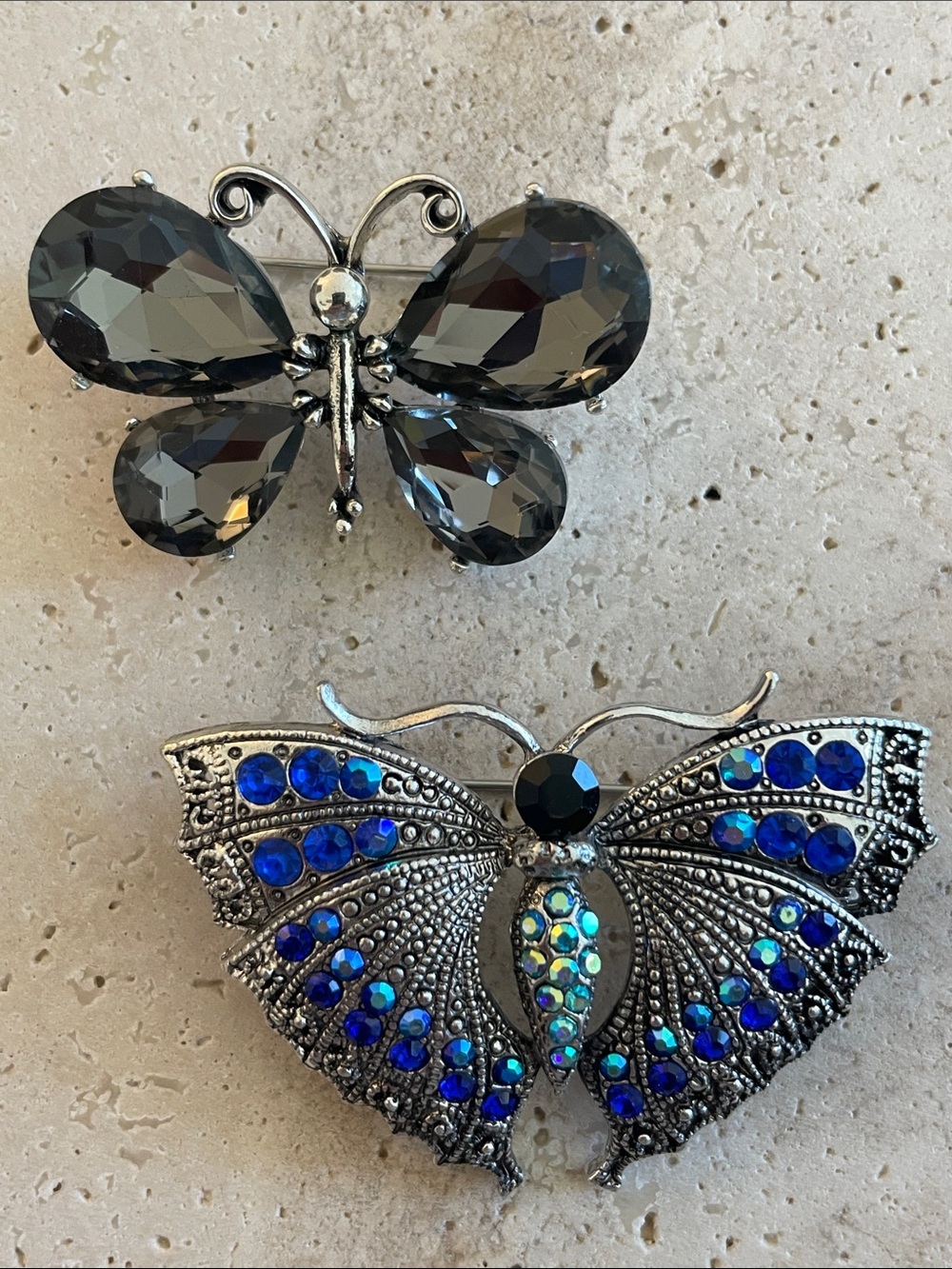 Butterfly Brooch Bundle Lot 2 Smoky Gray Crystal & Blue Rhinestone Statement Pin